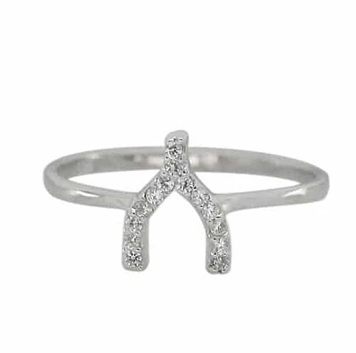 Sterling Silver With Rhodium, 9mm Wish Bone Ring With Cubic Zirconia
