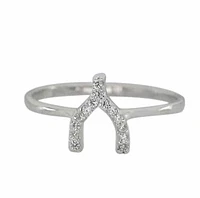 Sterling Silver With Rhodium, 9mm Wish Bone Ring With Cubic Zirconia
