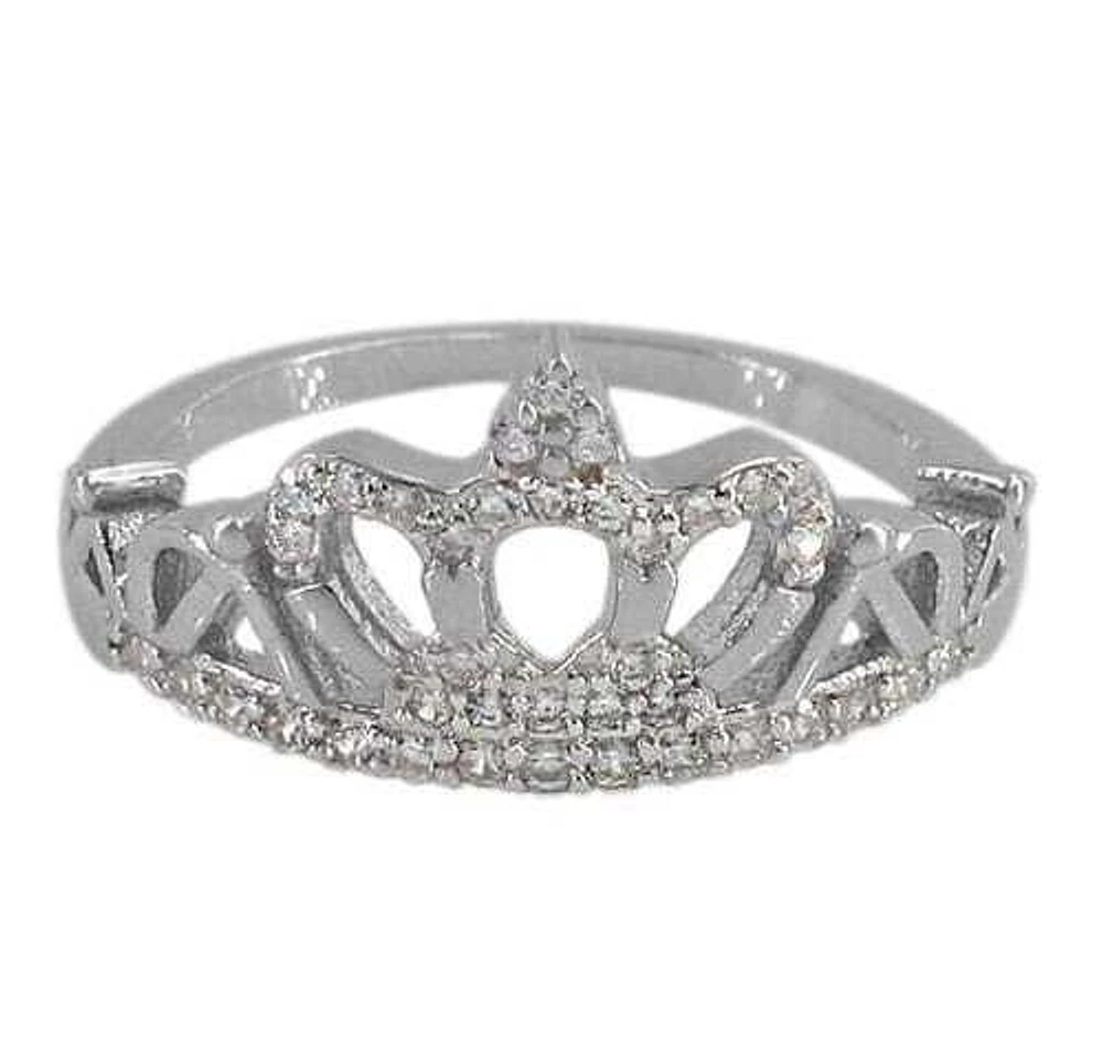 Sterling Silver With Rhodium, 11mm Crown Ring Cubic Zirconia, 2mm Band