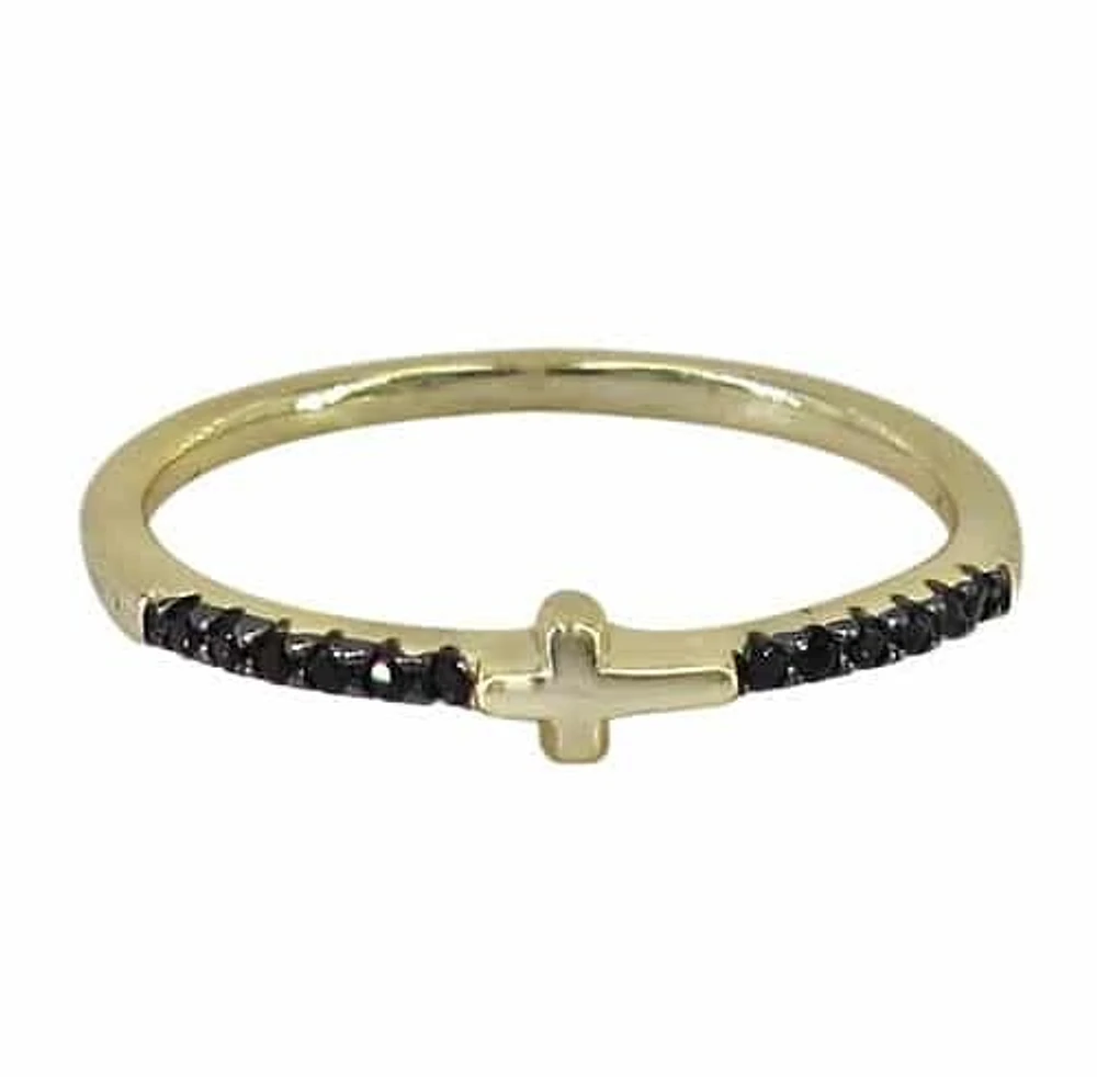 Sterling Silver With Gold, 3X6mm Sideways Cross Ring Cubic Zirconia