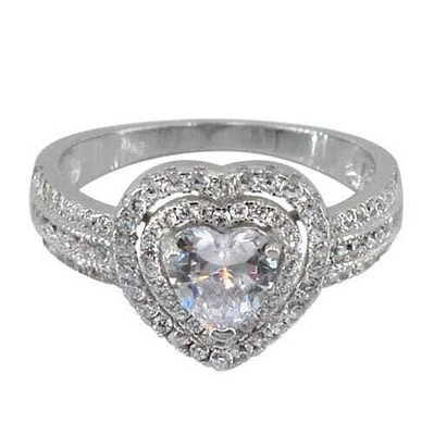 Sterling Silver With Rhodium,12mm Heart Ring  Width Cubic Zirconia