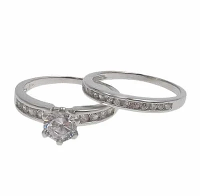 Sterling Silver With Rhodium, Ring Set 6.5mm Cubic Zirconia, 3mm Band