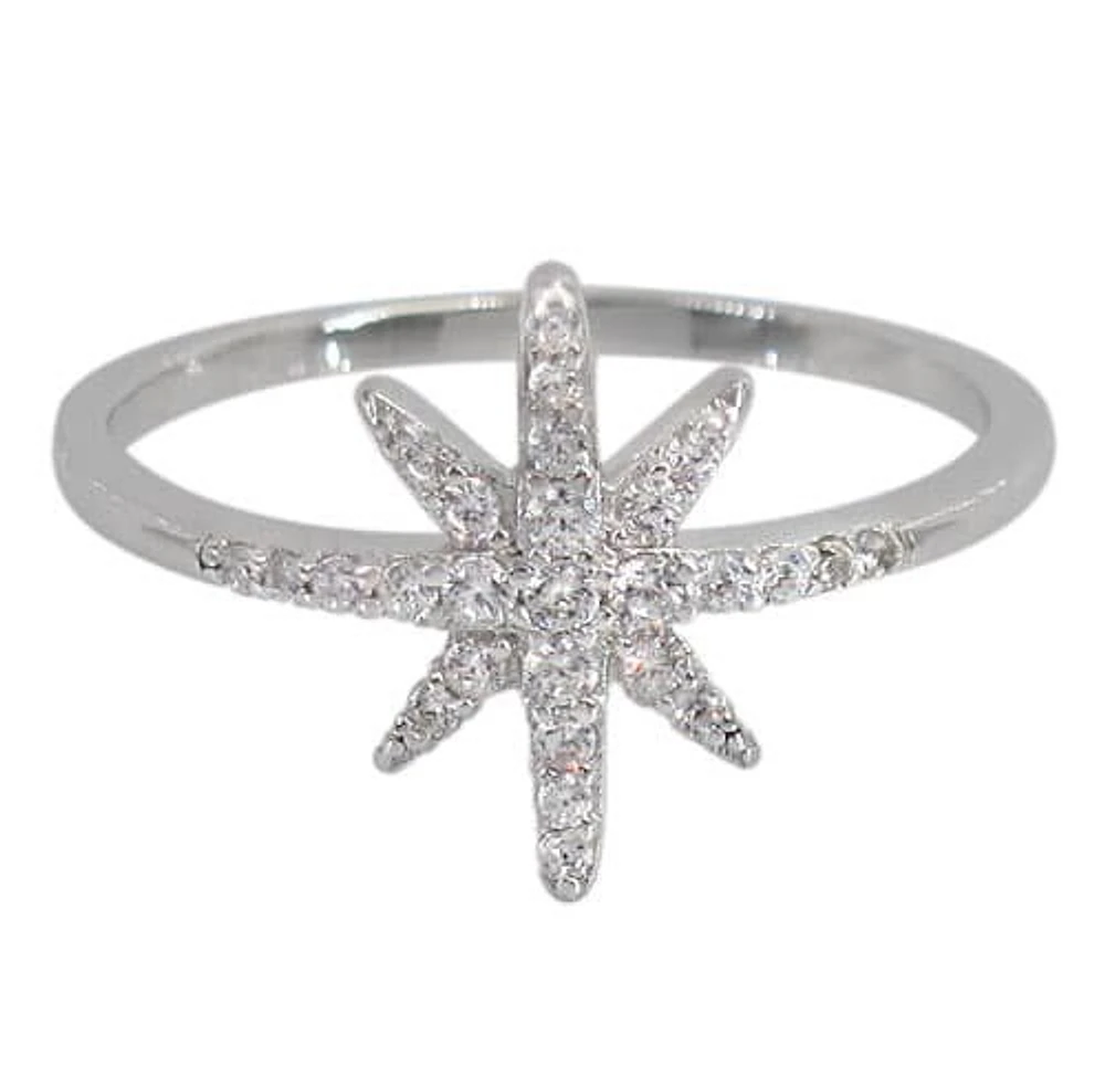 Sterling Silver With Rhodium, 13X15mm Star Ring Cubic Zirconia, 1mm Band.