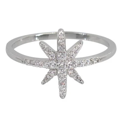 Sterling Silver With Rhodium, 13X15mm Star Ring Cubic Zirconia, 1mm Band.