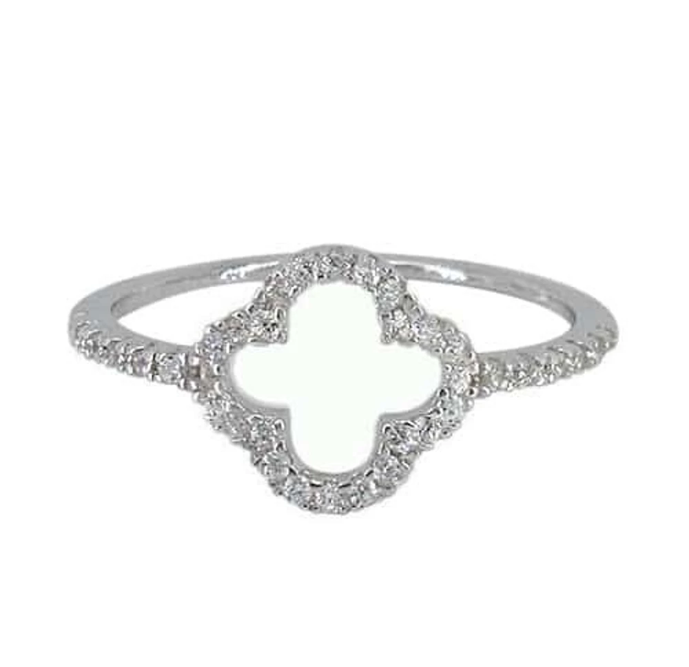 Sterling Silver With Rhodium, 10mm Four Leaf Clover Ring With Cubic Zirconia