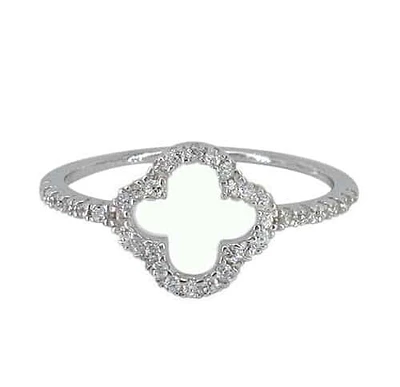 Sterling Silver With Rhodium, 10mm Four Leaf Clover Ring With Cubic Zirconia