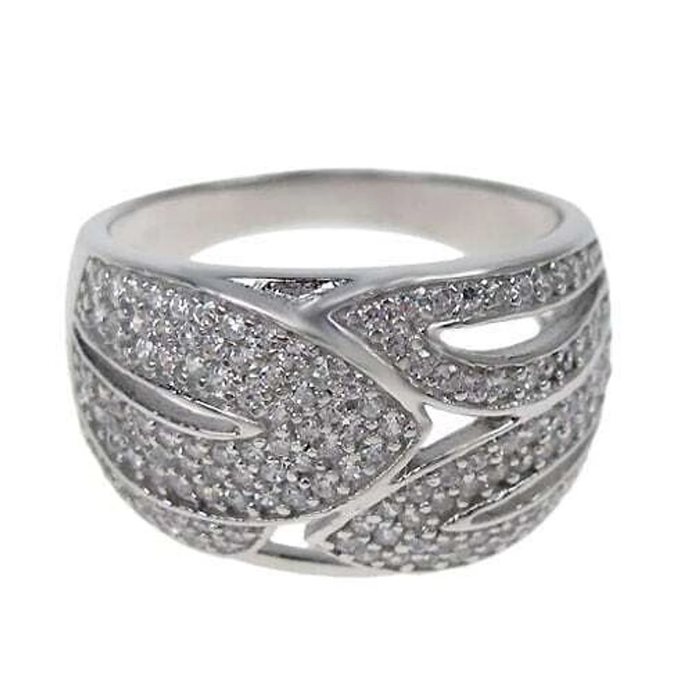 Sterling Silver With Rhodium, Leaf Pattern Ring Cubic Zirconia, 13.5mm Width