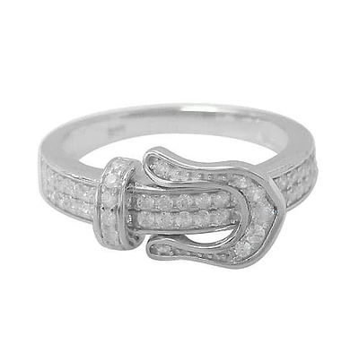 Sterling Silver With Rhodium, Belt Buckle Ring Cubic Zirconia, 12.5mm Width