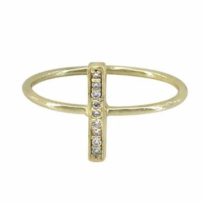 Sterling Silver With Gold, 12X2mm Vertical Bar Ring With Cubic Zirconia