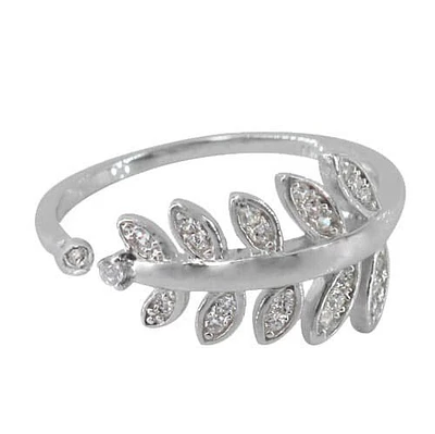 Sterling Silver With Rhodium, Leaf Ring With Cubic Zirconia