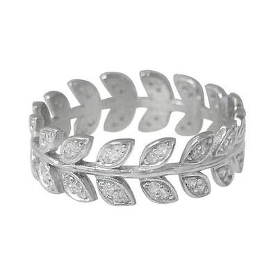 Sterling Silver With Rhodium, Leaf Ring With Cubic Zirconia, 6mm Width