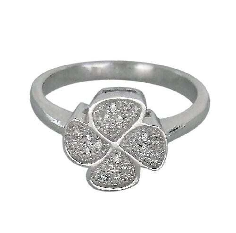 Sterling Silver With Rhodium, 11mm Four Leaf Clover Ring With Cubic Zirconia. 11mm Width