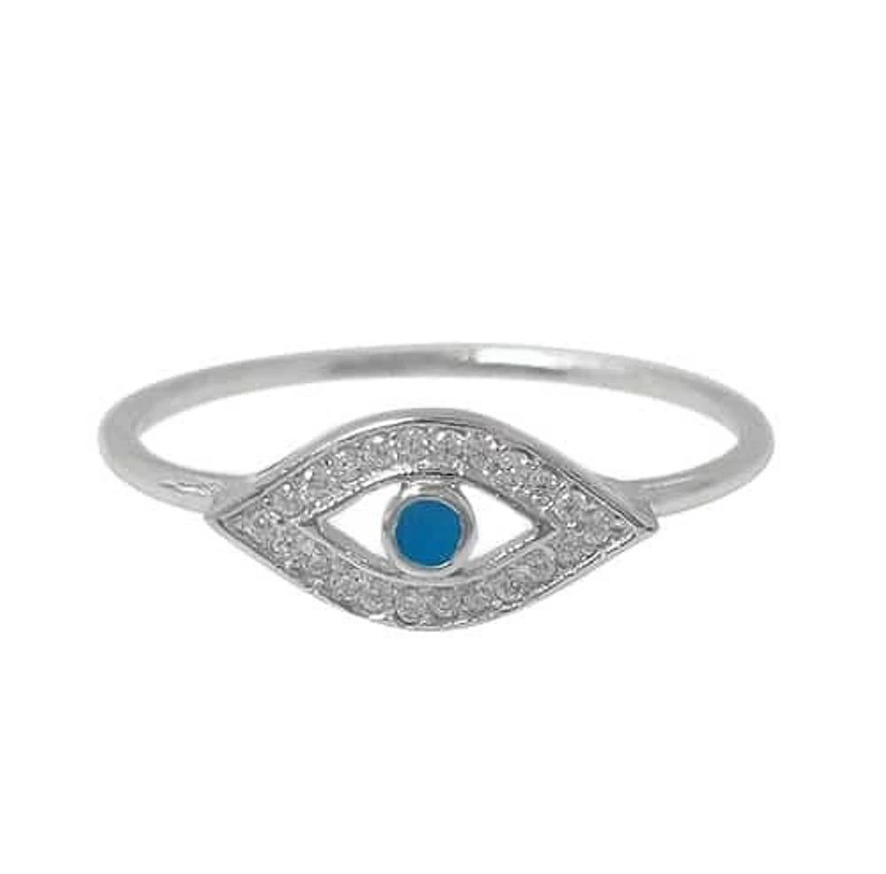 Sterling Silver With Rhodium, Evil Eye Ring Cubic Zirconia, 6mm Width