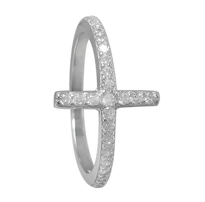 Sterling Silver With Rhodium, Sideways Cross Ring With Cubic Zirconia, 12mm Width