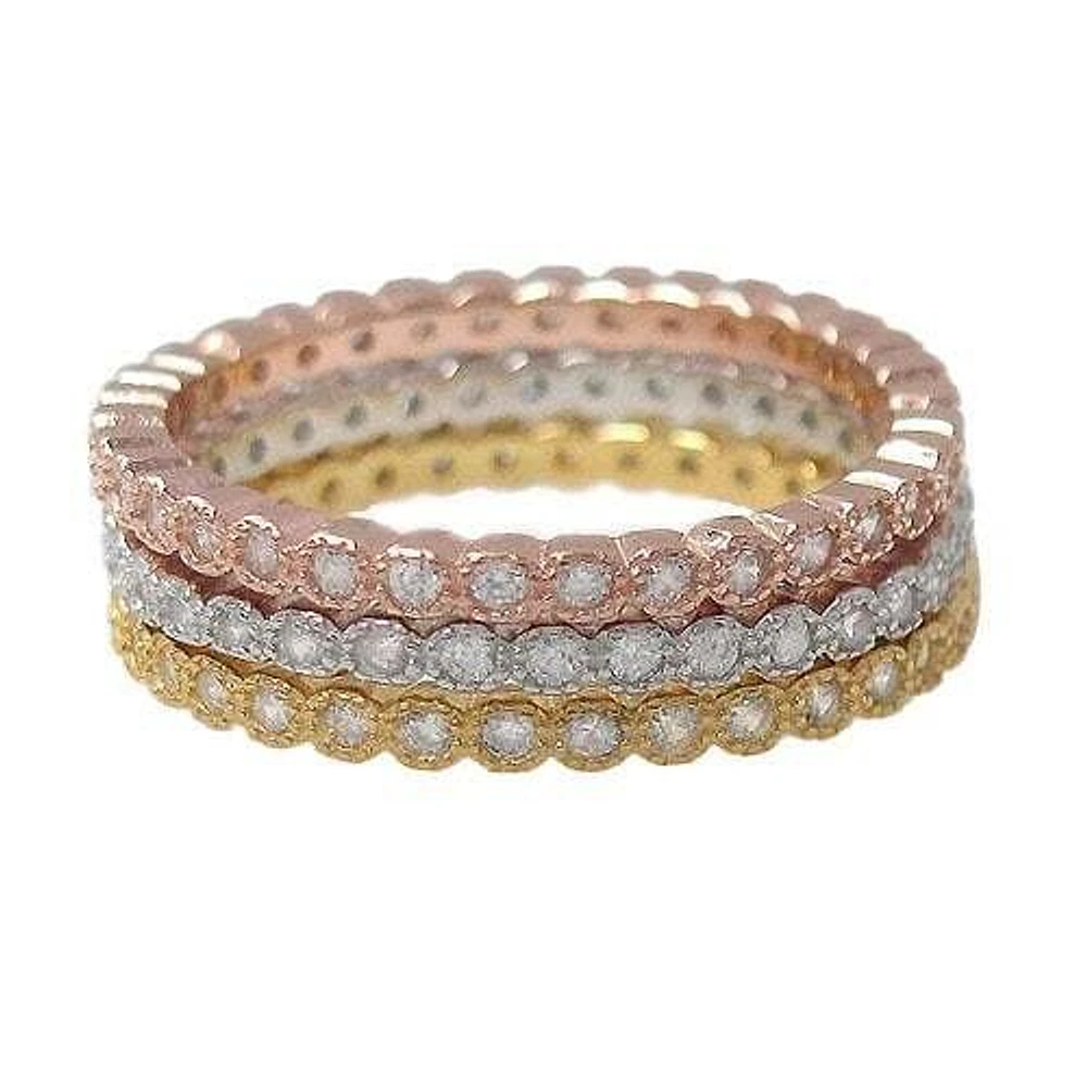 Sterling Silver With Three Tone, Stackable Ring Set Cubic Zirconia