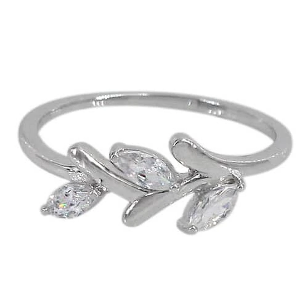 Sterling Silver With Rhodium, 15X6mm Leaf Ring Cubic Zirconia, 1mm Band