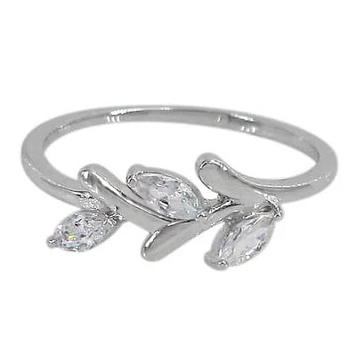 Sterling Silver With Rhodium, 15X6mm Leaf Ring Cubic Zirconia, 1mm Band