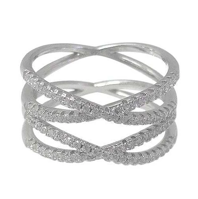 Sterling Silver With Rhodium, Criss Cross Ring With Cubic Zirconia, 8mm Width