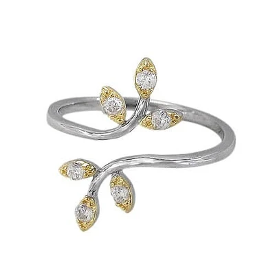 Sterling Silver With Rhodium, Adjustable Leaf Ring Cubic Zirconia, 19mm Width