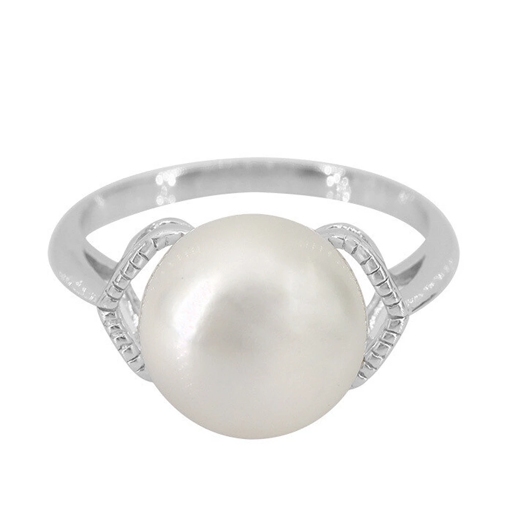 Sterling Silver With Rhodium, 10mm Pearl Ring, 2mm Band