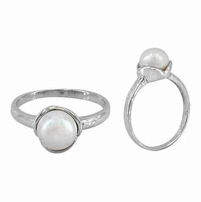 Sterling Silver With Rhodium Pearl Ring, 8mm Pearl, 2.5mm Band