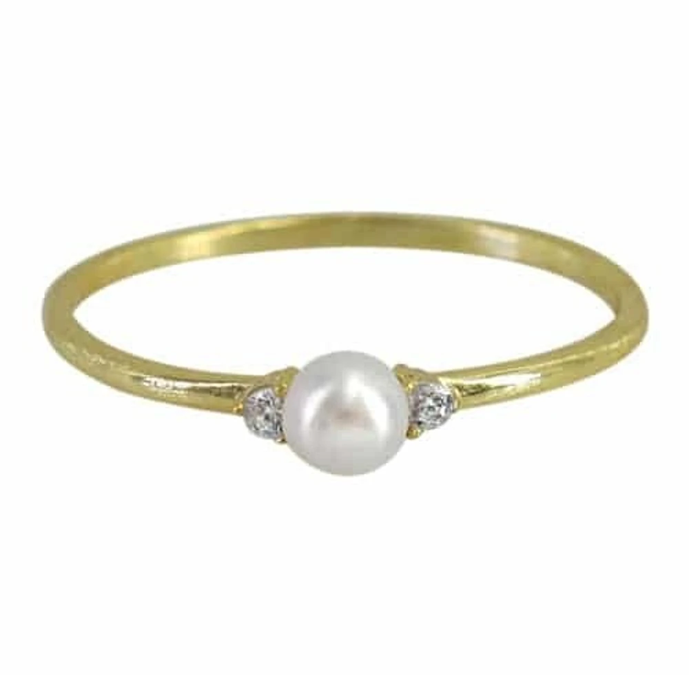 Sterling Silver With Gold, 4mm Pearl And 2mm Cubic Zirconia Ring 1.5mmm Band