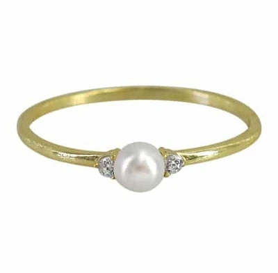 Sterling Silver With Gold, 4mm Pearl And 2mm Cubic Zirconia Ring With 1.5mmm Band