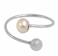 Sterling Silver Adjustable Ring With 6mm Pearl And 5mm Ball, 1mm Band