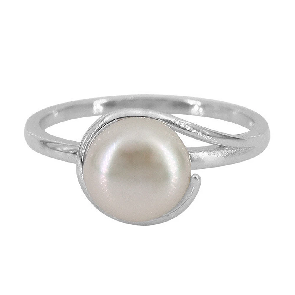 Sterling Silver With Rhodium 8mm Pearl Ring, 2mm Band