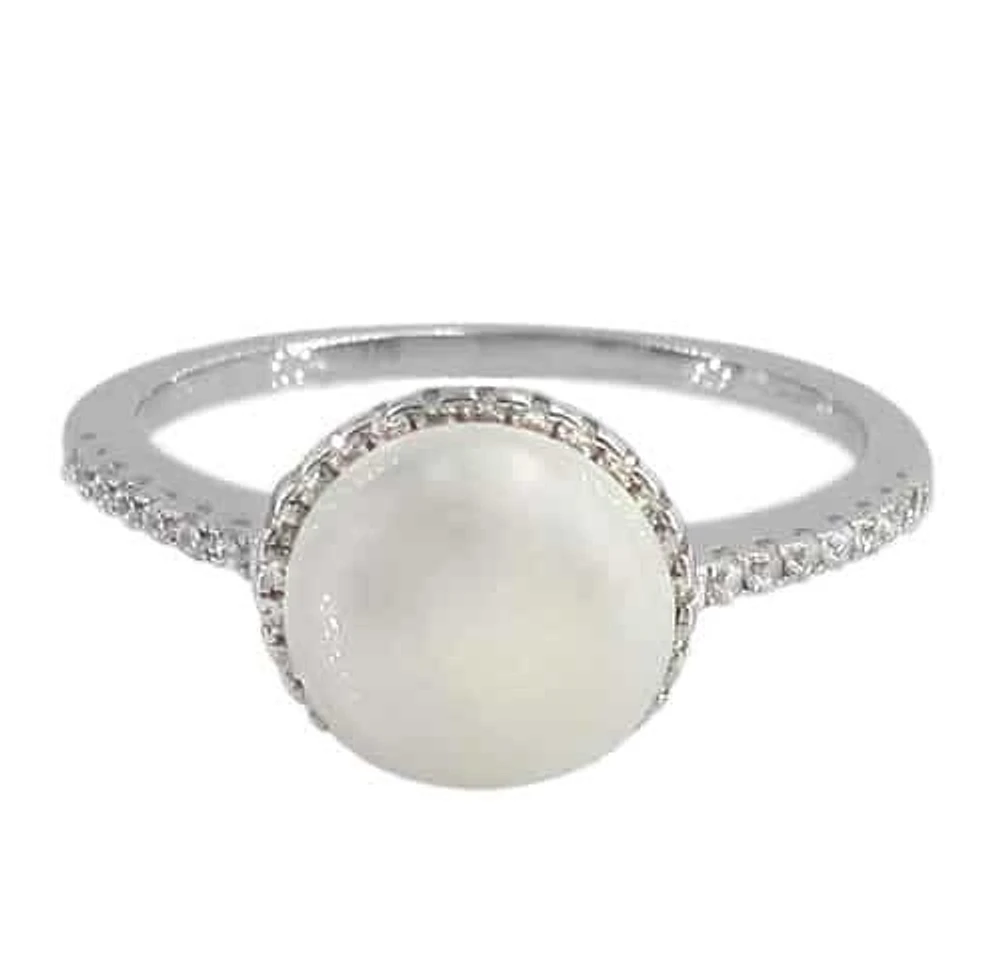 Sterling Silver With Rhodium, 9mm Pearl Ring With 1mm Band