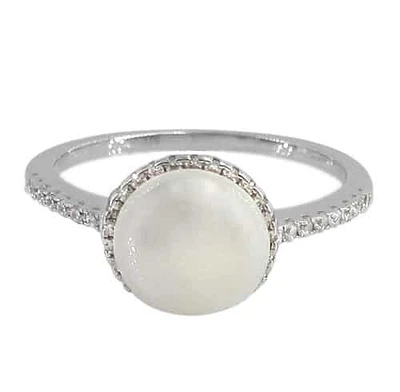 Sterling Silver With Rhodium, 9mm Pearl Ring With 1mm Band