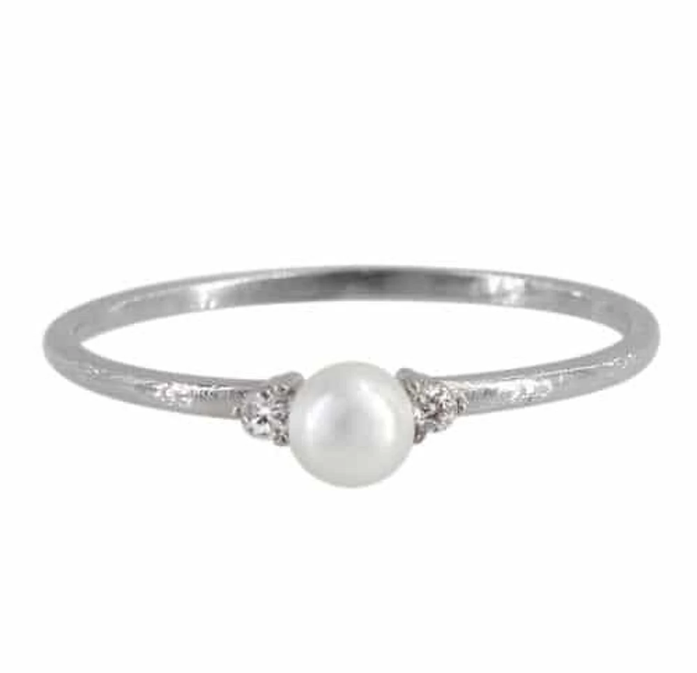 Sterling Silver With Rhodium, 4mm Pearl And 2mm Cubic Zirconia Ring With 1.5mmm Band