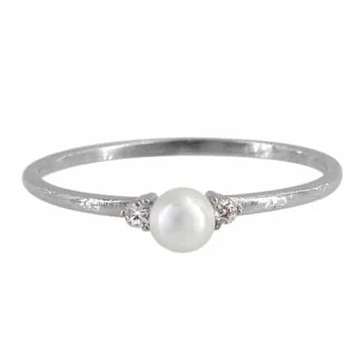 Sterling Silver With Rhodium, 4mm Pearl And 2mm Cubic Zirconia Ring With 1.5mmm Band