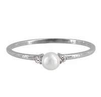 Sterling Silver With Rhodium, 4mm Pearl And 2mm Cubic Zirconia Ring With 1.5mmm Band