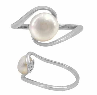 Sterling Silver With Rhodium, 8mm Pearl Ring With 2mm Band