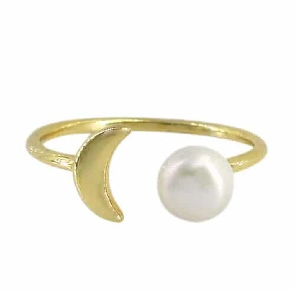 Sterling Silver With Gold Adjustable Pearl Ring, 6mm Pearl, 5X8mm Moon, 1mm Band