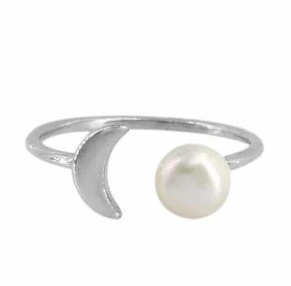 Sterling Silver With Rhodium Adjustable Pearl Ring, 6mm Pearl, 5X8mm Moon, 1mm Band