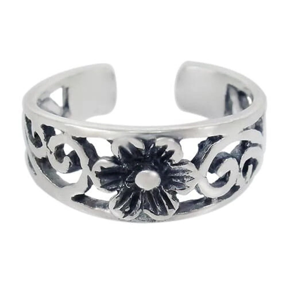 Sterling Silver, Fancy Style, Adjustable Toe Ring With Flower Design