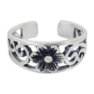 Sterling Silver, Fancy Style, Adjustable Toe Ring With Flower Design