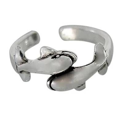 Sterling Silver, Adjustable Toe Ring With Two Dolphins