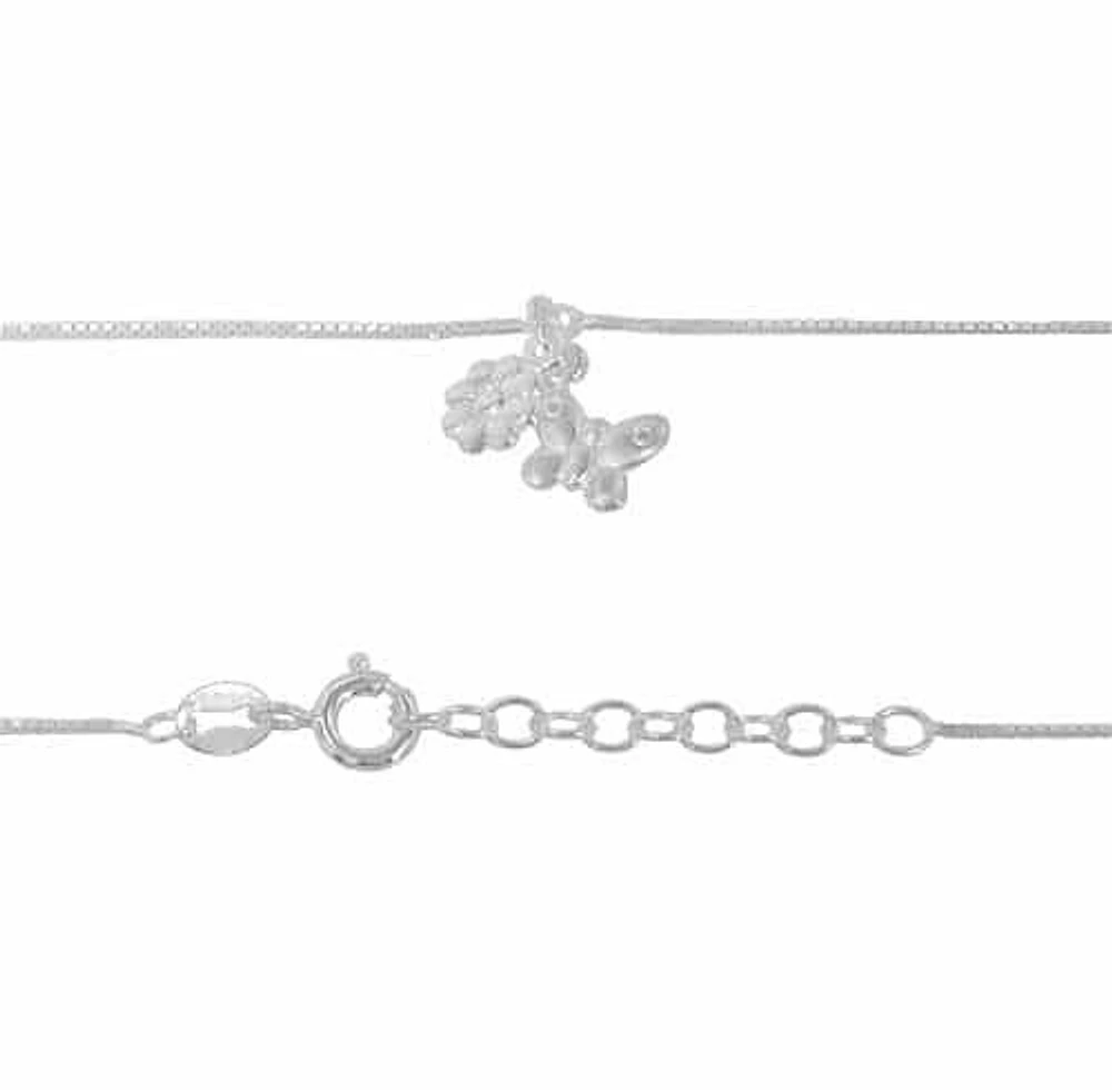 Sterling Silver Anklet, 7mm Flower Charm And 7X9mm Butterfly Charm