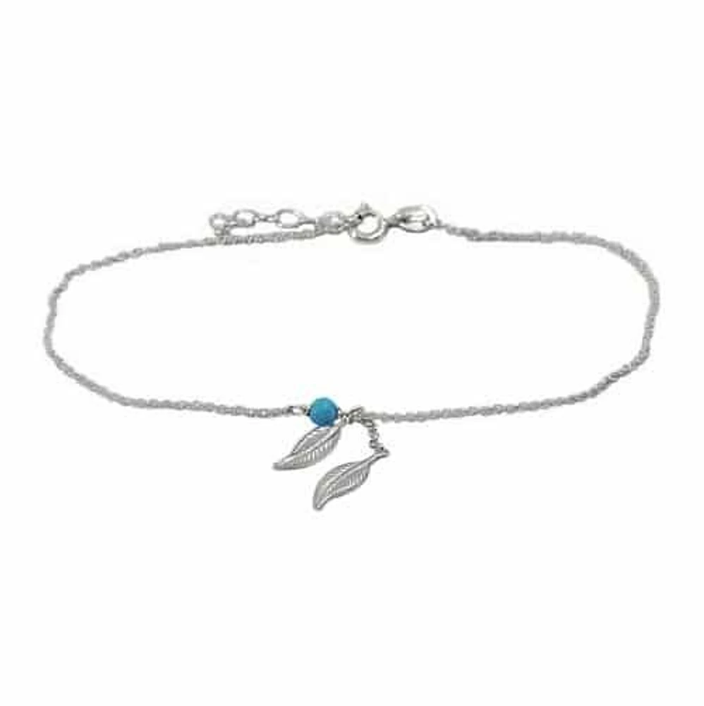 Sterling Silver Anklet, 13X4mm Leaf And 4mm Synthetic Turquoise