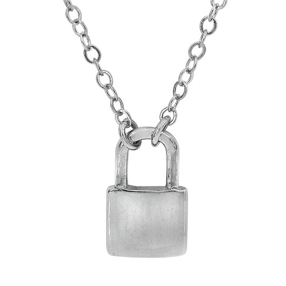 Sterling Silver With Rhodium, 6X10mm Lock Necklace