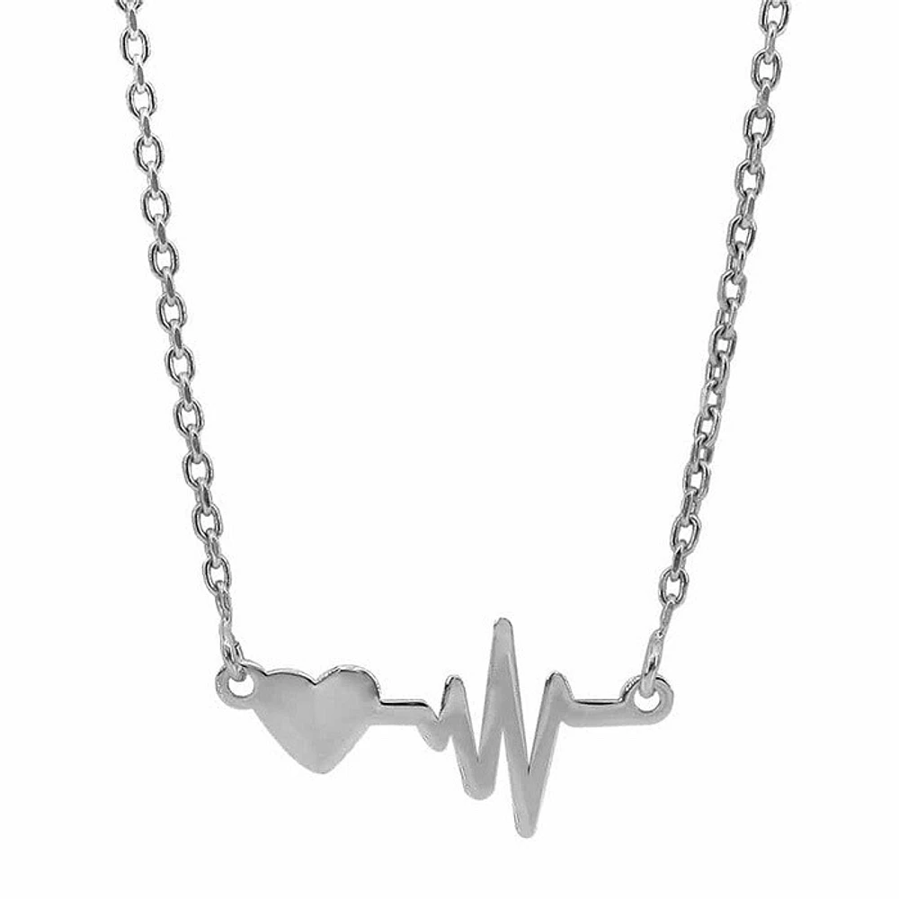 Sterling Silver With Rhodium, Heart And Pulse Necklace