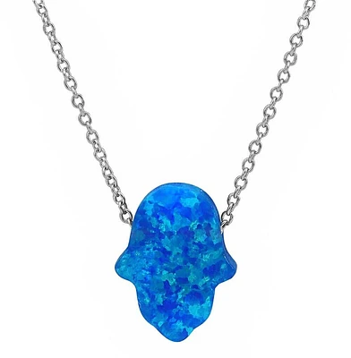 Sterling Silver With Rhodium, 13X10mm Hamsa Necklace With Emulated Opal