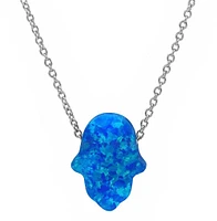 Sterling Silver With Rhodium, 13X10mm Hamsa Necklace With Emulated Opal