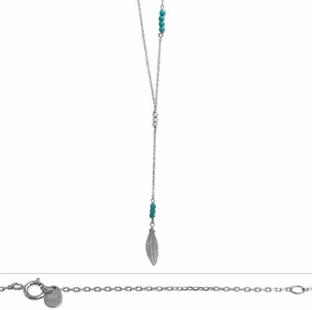 Sterling Silver With Rhodium, Feather (7X26mm) Charm With 3mm Synthetic Turquoise Beads