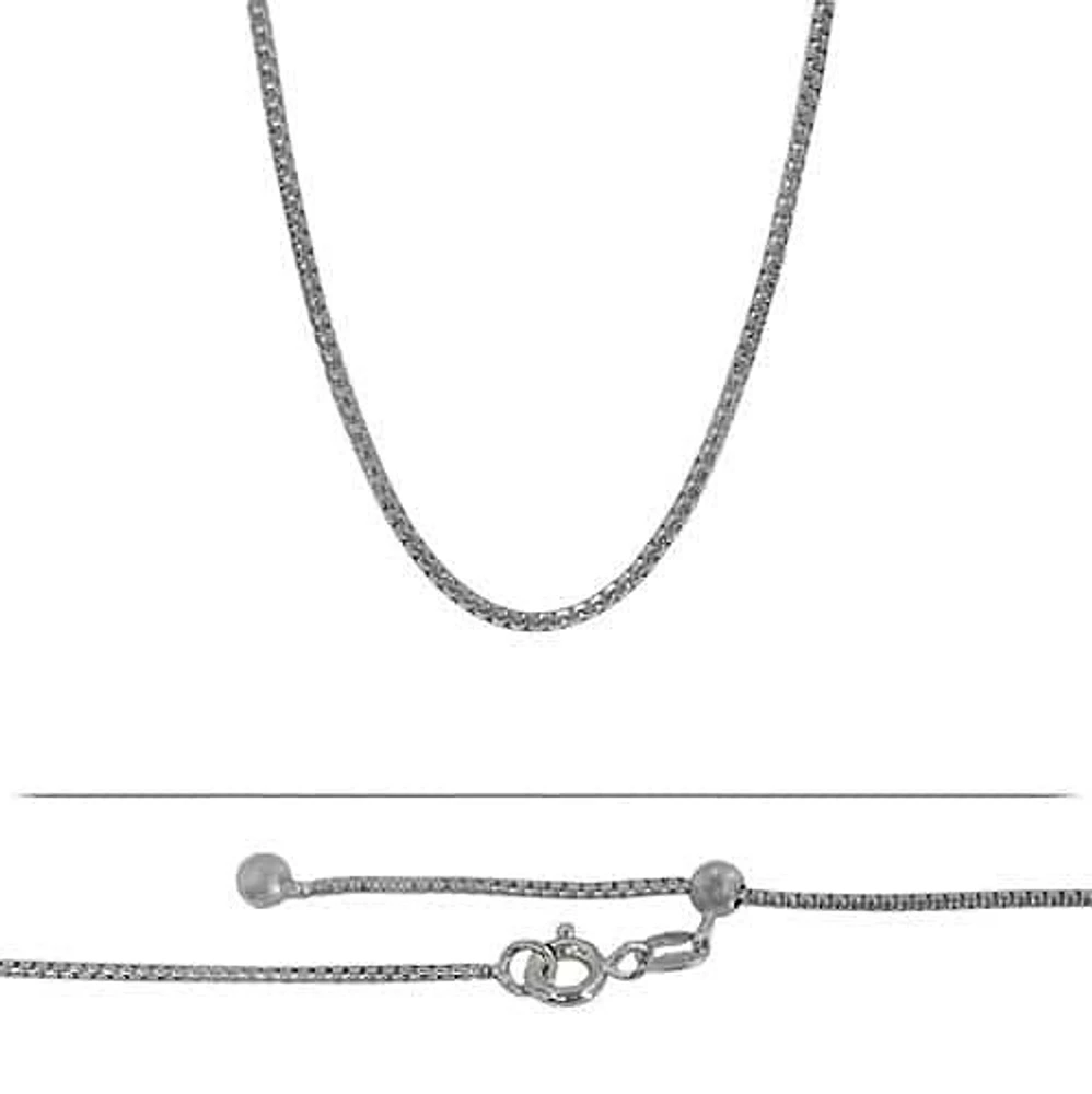 Sterling Silver With Rhodium, Adjustable 1mm Round Box Chain With A 4mm Ball Silicon Stopper