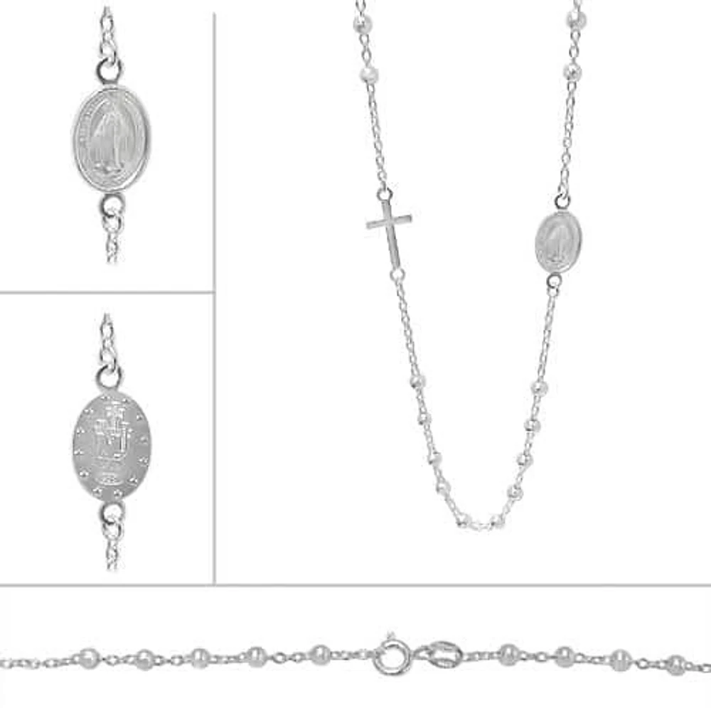 Sterling Silver, 3mm Beaded Chain Necklace With Virgin Mary (12X8mm) And Cross (13X8mm) Charm