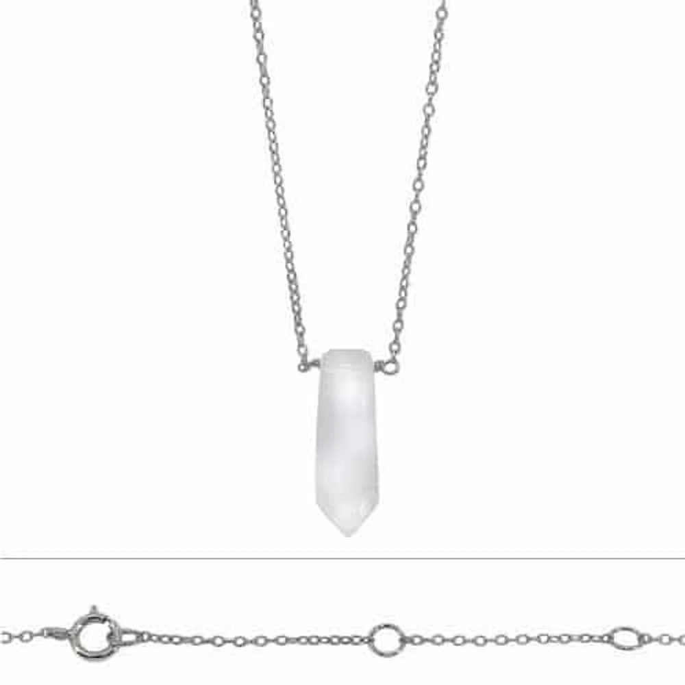 Sterling Silver With Rhodium,  6X22mm Crystal Charm Necklace